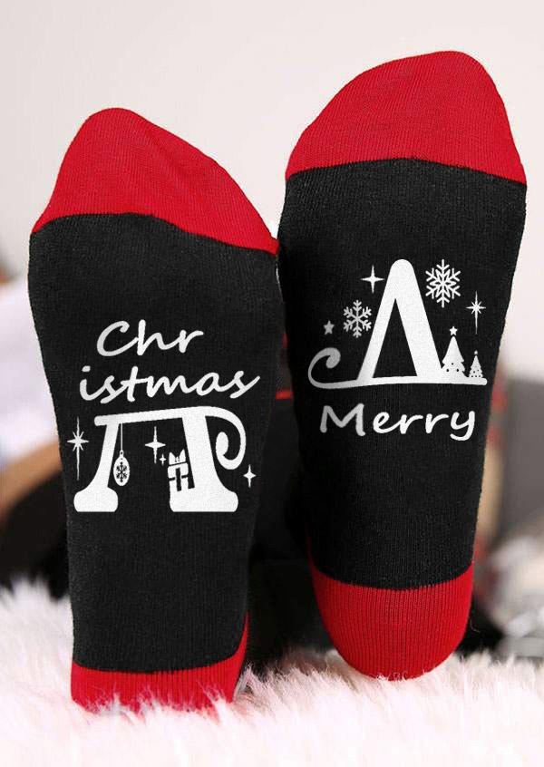 Crew Socks Merry Christmas Snowflake Crew Socks in Black. Size: One Size