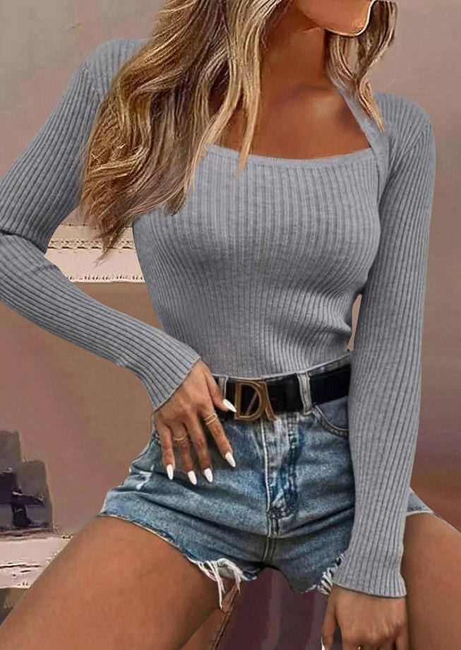 

Blouses Long Sleeve Casual Knitted Blouse in Gray. Size