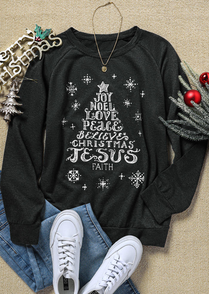 Sweatshirts Christmas Jesus Faith Tree Snowflake Pullover Sweatshirt in Gray. Size: L,M,S,XL