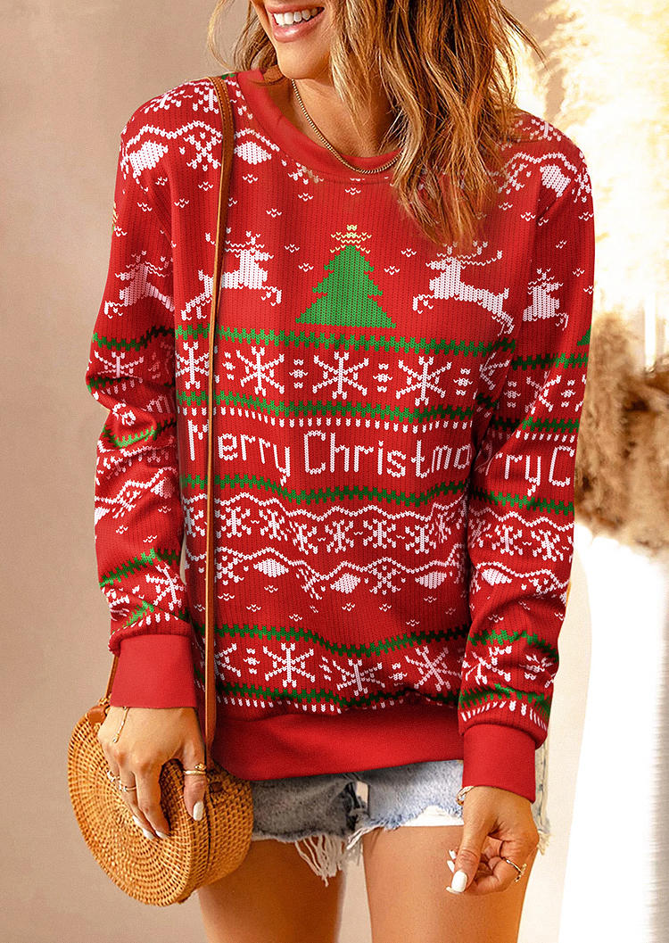 Sweatshirts Merry Christmas Tree Reindeer Snowflake Pullover Sweatshirt in Red. Size: L,M
