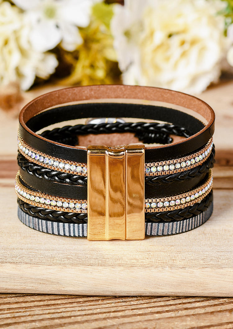 

Bracelet Rhinestone Weaving Magnet Buckle Bracelet in Black. Size