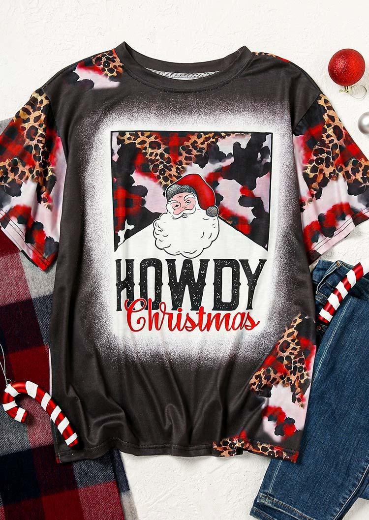 

T-shirts Tees Howdy Christmas Santa Claus Leopard Plaid T-Shirt Tee in Multicolor. Size: L,M