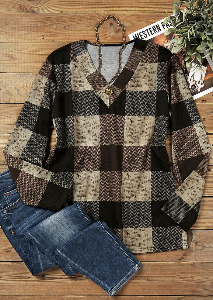 

Sweatshirts Plaid Long Sleeve V-Neck Sweatshirt in Multicolor. Size