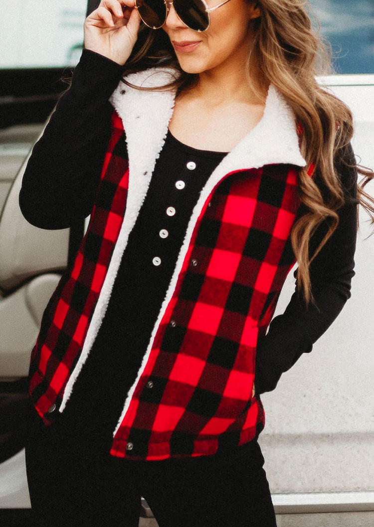 

Coats Plaid Pocket Button Fuzzy Vest Coat in Red. Size