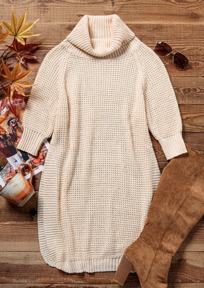 Sweater Dresses Knitted Turtleneck Half Sleeve Sweater Dress in Apricot. Size: L,M,XL