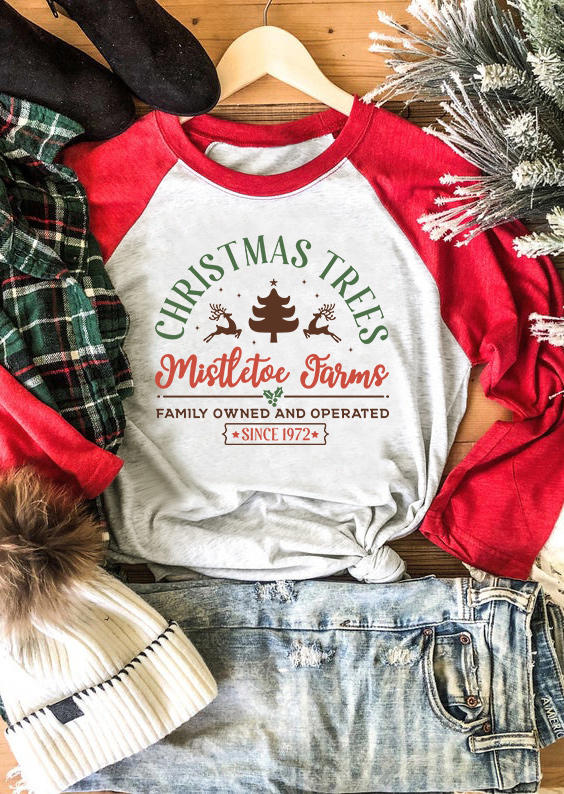 T-shirts Tees Christmas Trees Reindeer O-Neck T-Shirt Tee in Red. Size: L,M,S
