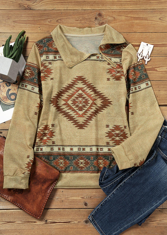 

Sweatshirts Aztec Geometric Zipper Pullover Sweatshirt in Multicolor. Size