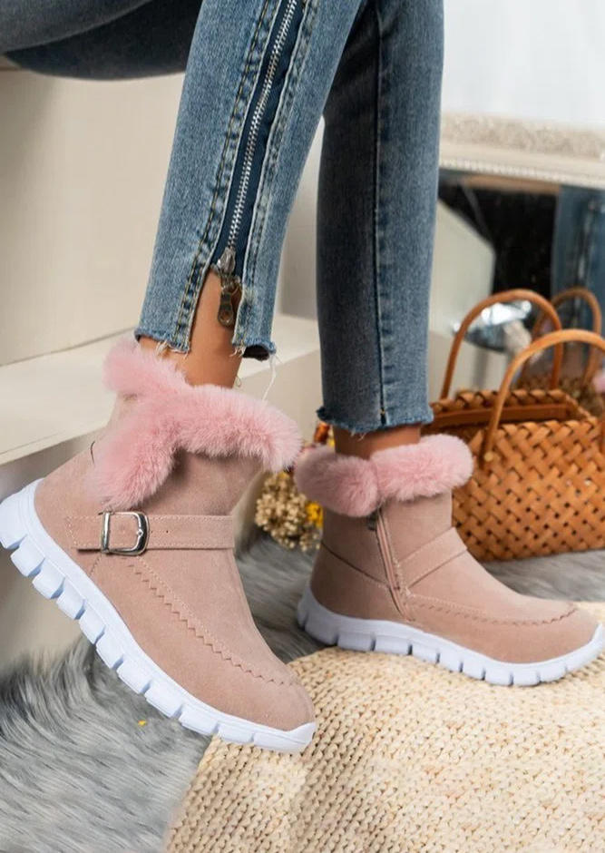 Boots Zipper Buckle Strap Plush Warm Snow Boots in Pink. Size: 37,38,39,40