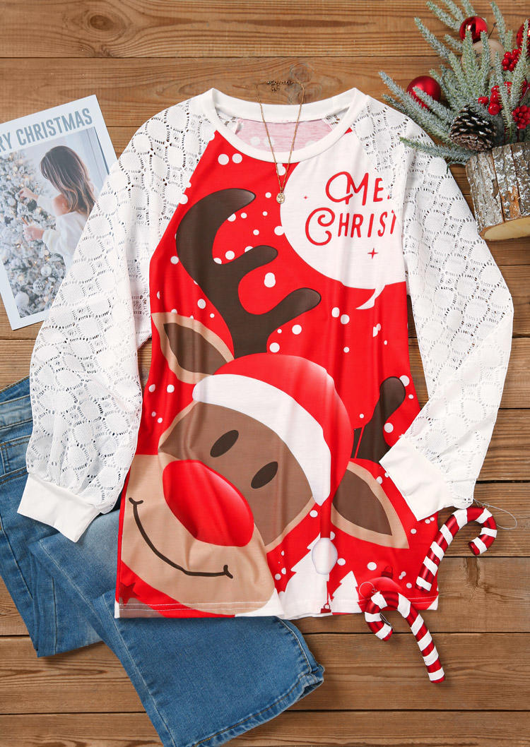 

Blouses Christmas Reindeer Dot Lace Splicing Blouse in Red. Size: M