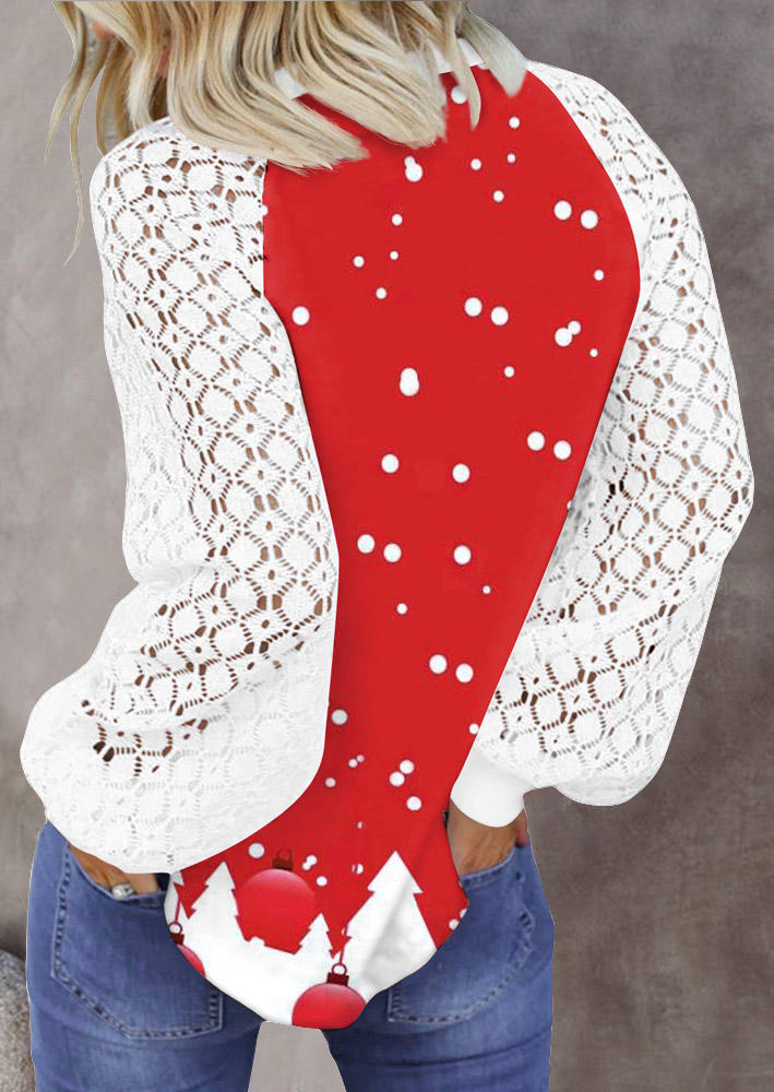 Christmas Reindeer Dot Lace Splicing Blouse - Red