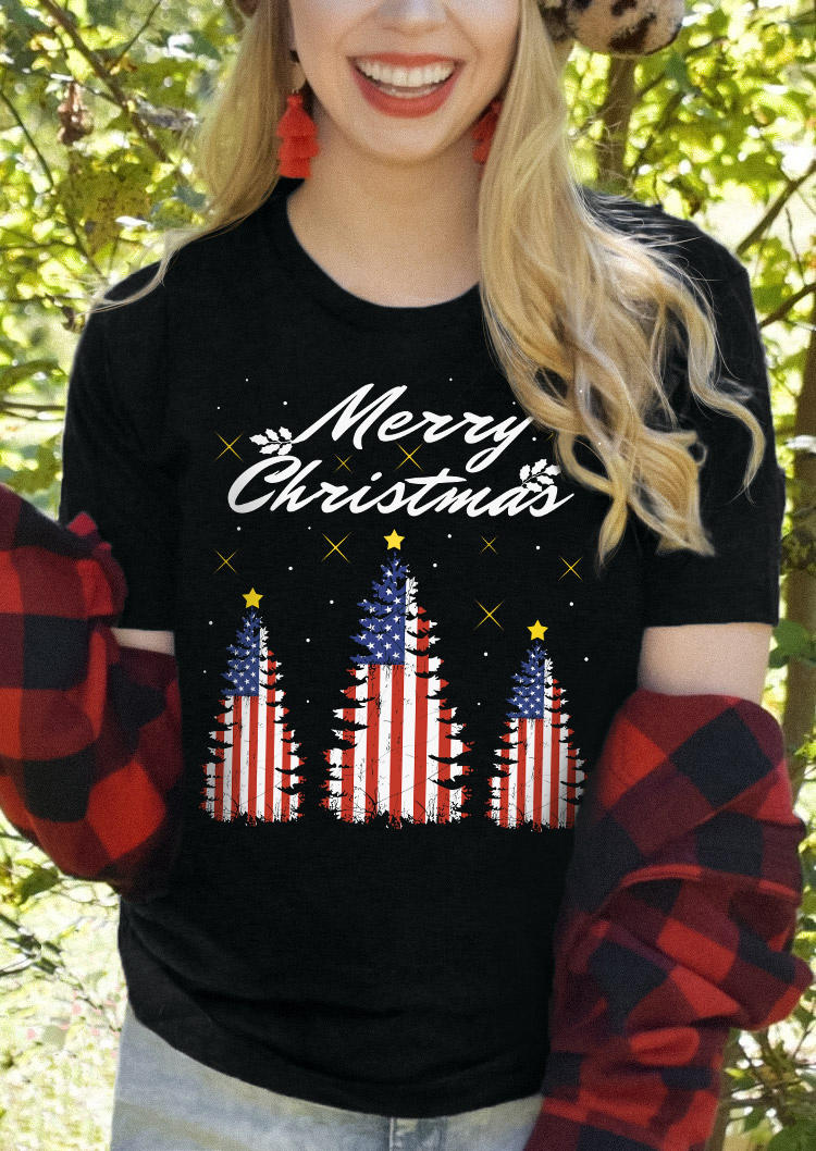 Merry Christmas American Flag Tree T-Shirt Tee - Black