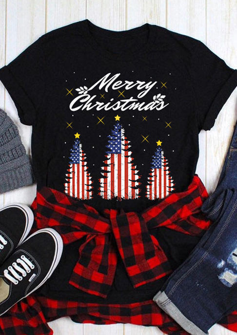 

T-shirts Tees Merry Christmas American Flag Tree T-Shirt Tee in Black. Size