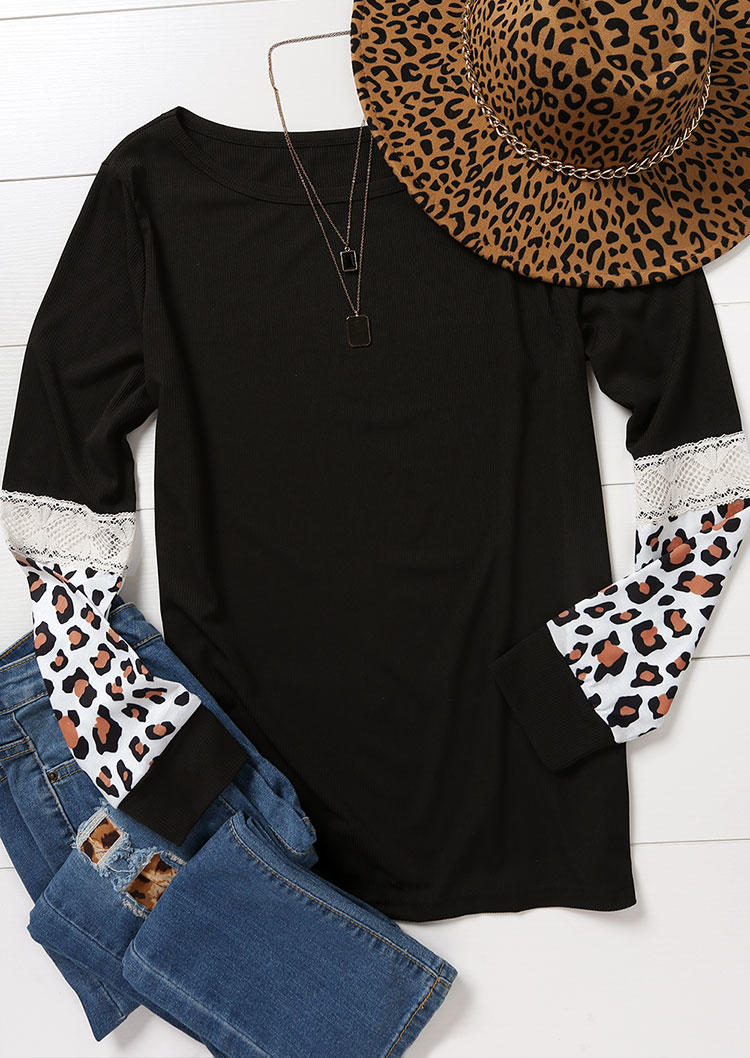 Leopard Lace Splicing O-Neck Blouse - Black