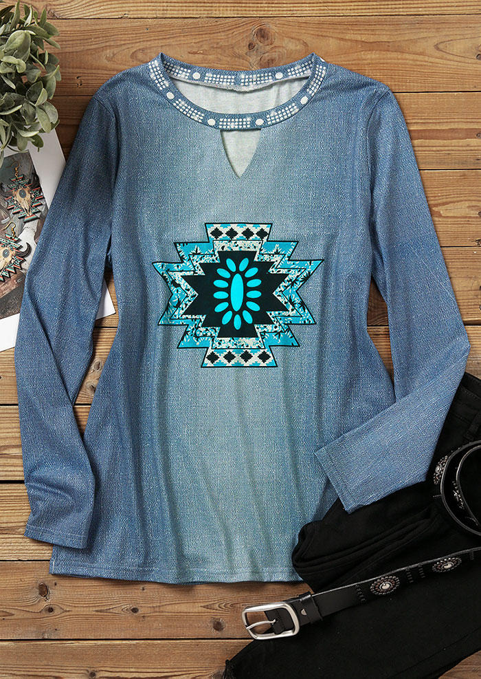 

Blouses Aztec Geometric Turquoise Glitter Keyhole Neck Blouse in Blue. Size