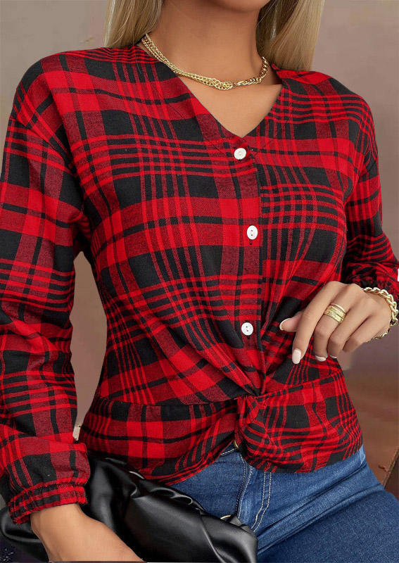 

Shirts Plaid Twist Button Long Sleeve Shirt in Red. Size