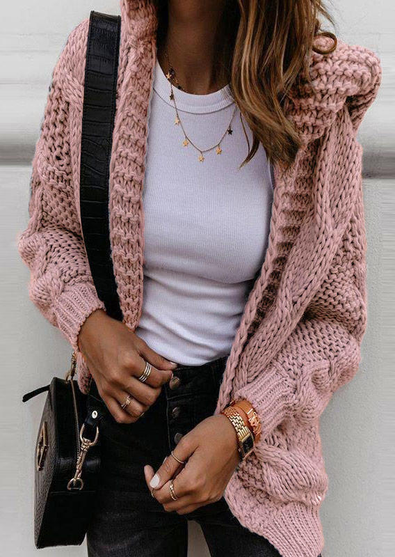 

Cardigans Crocheted Knitted Long Sleeve Hooded Cardigan in Pink. Size