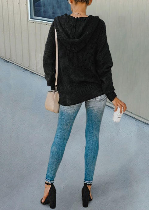 

Sweaters Button Long Sleeve Hooded Sweater in Black. Size