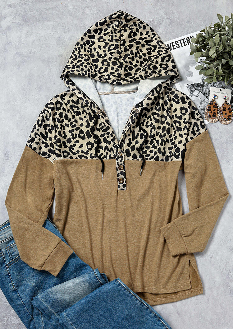Hoodies Leopard Button Drop Shoulder Drawstring Hoodie in Khaki. Size: S