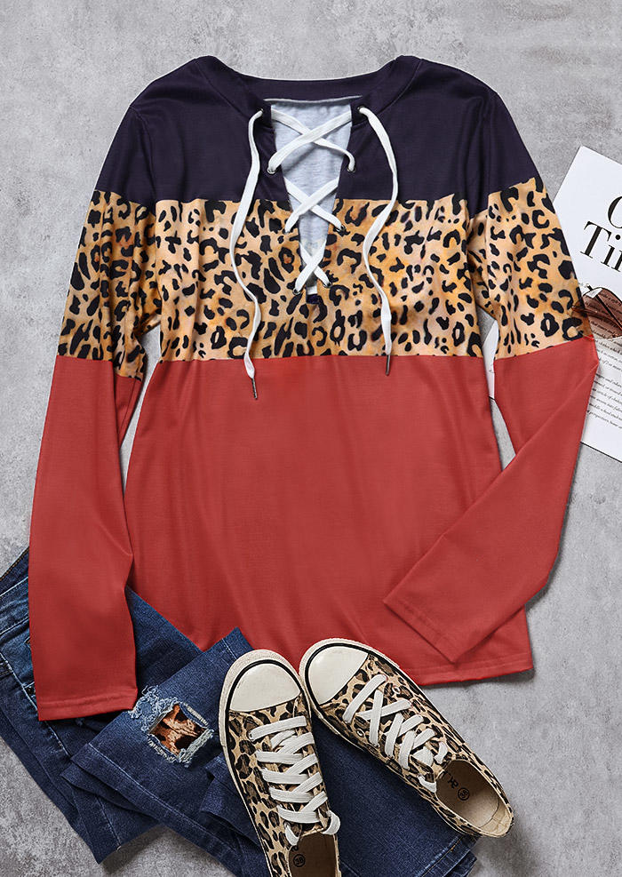 

Blouses Leopard Color Block Lace Up Blouse in Multicolor. Size