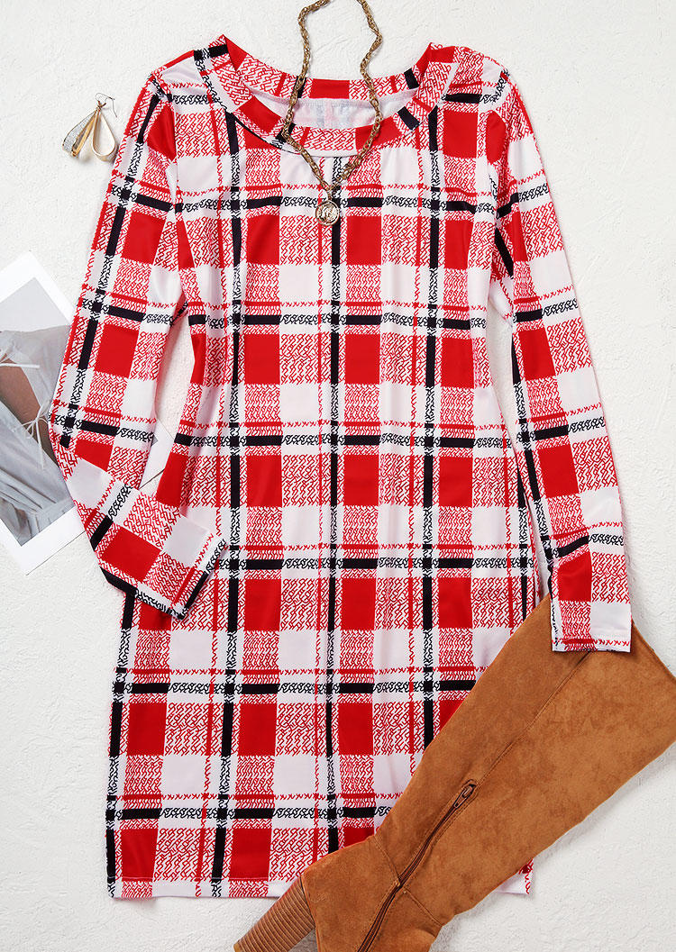 

Bodycon Dresses Plaid Long Sleeve O-Neck Bodycon Dress in Red. Size