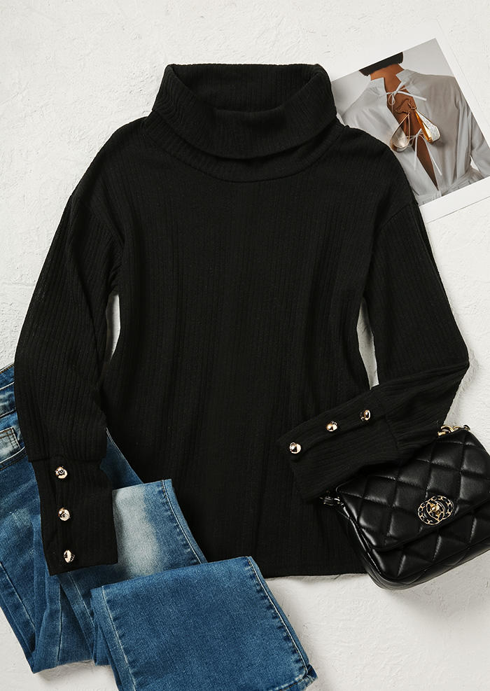 

Blouses Button Drop Shoulder Turtleneck Blouse in Black. Size: L,M,,XL