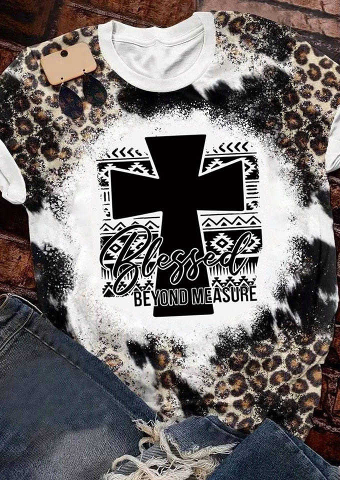 T-shirts Tees Thanksgiving Blessed Beyond Measure Leopard Aztec Geometric Bleached T-Shirt Tee in Multicolor. Size: L,XL