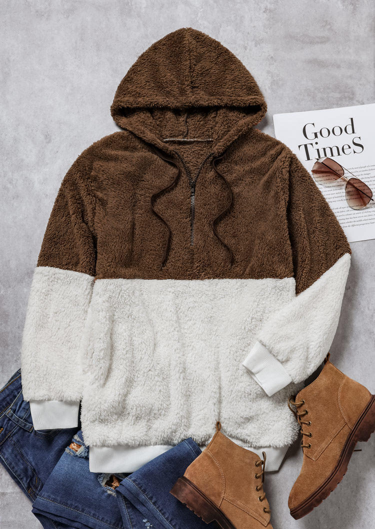 

Hoodies Color Block Zipper Collar Drawstring Fluffy Fleece Hoodie - Coffee in Brown. Size