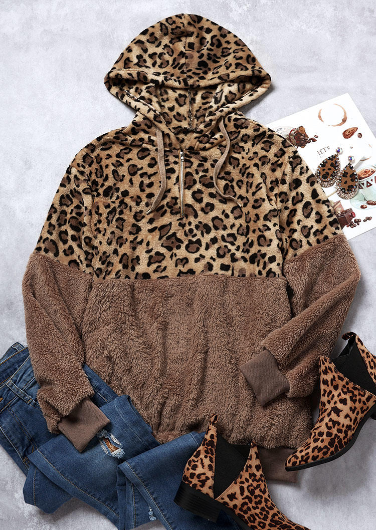 Hoodies Leopard Drawstring Pocket Zipper Fuzzy Hoodie in Brown. Size: L,M,XL