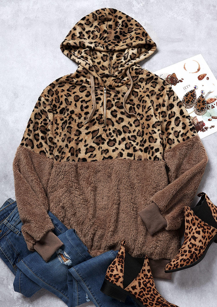 

Hoodies Leopard Drawstring Pocket Zipper Fuzzy Hoodie in Brown. Size