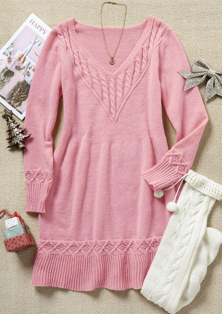 Crocheted Long Sleeve Sweater Dress - Pink