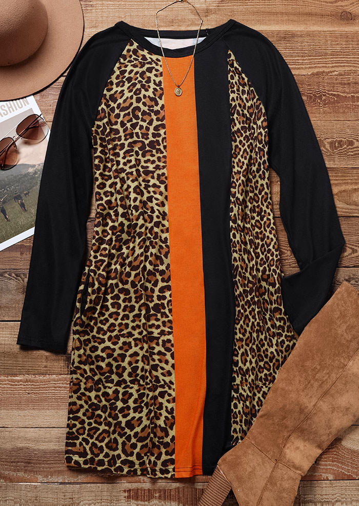 

Mini Dresses Color Block Leopard Pocket O-Neck Mini Dress in Black. Size: L,M,,XL