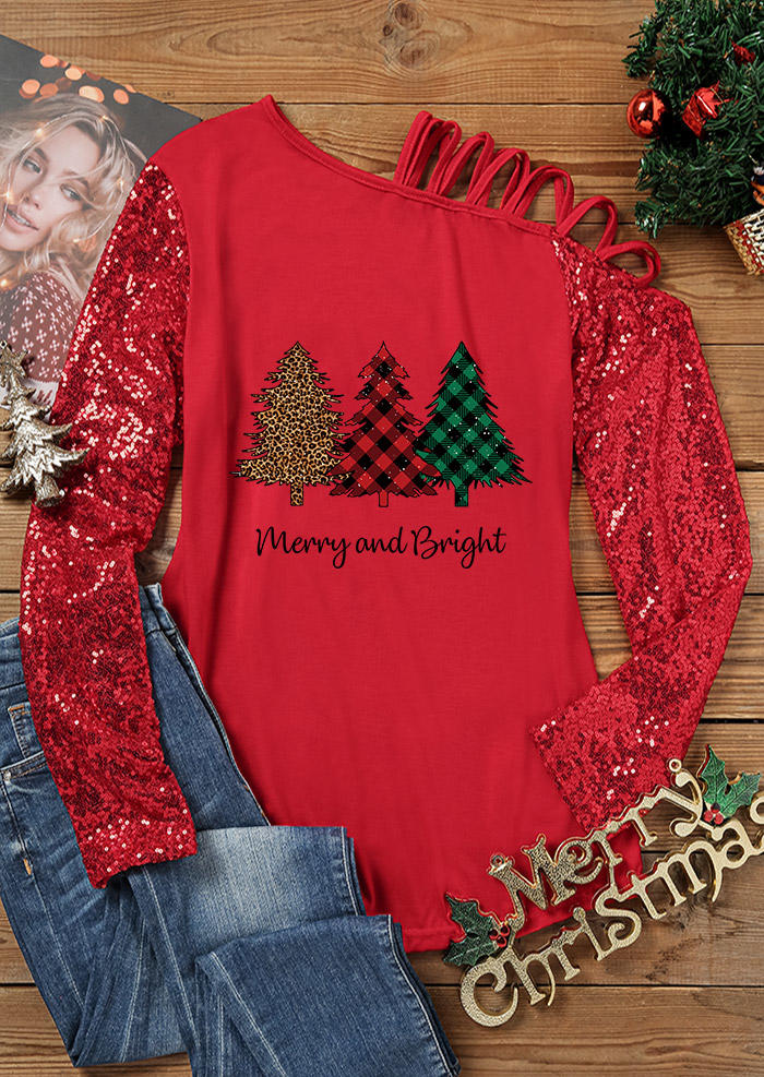 Blouses Christmas Merry And Bright Leopard Plaid Tree Blouse in Red. Size: S,XL