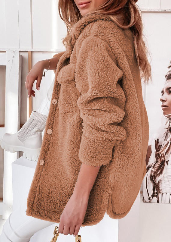 

Coats Warm Plush Pocket Turn-down Collar Coat in Khaki. Size: L