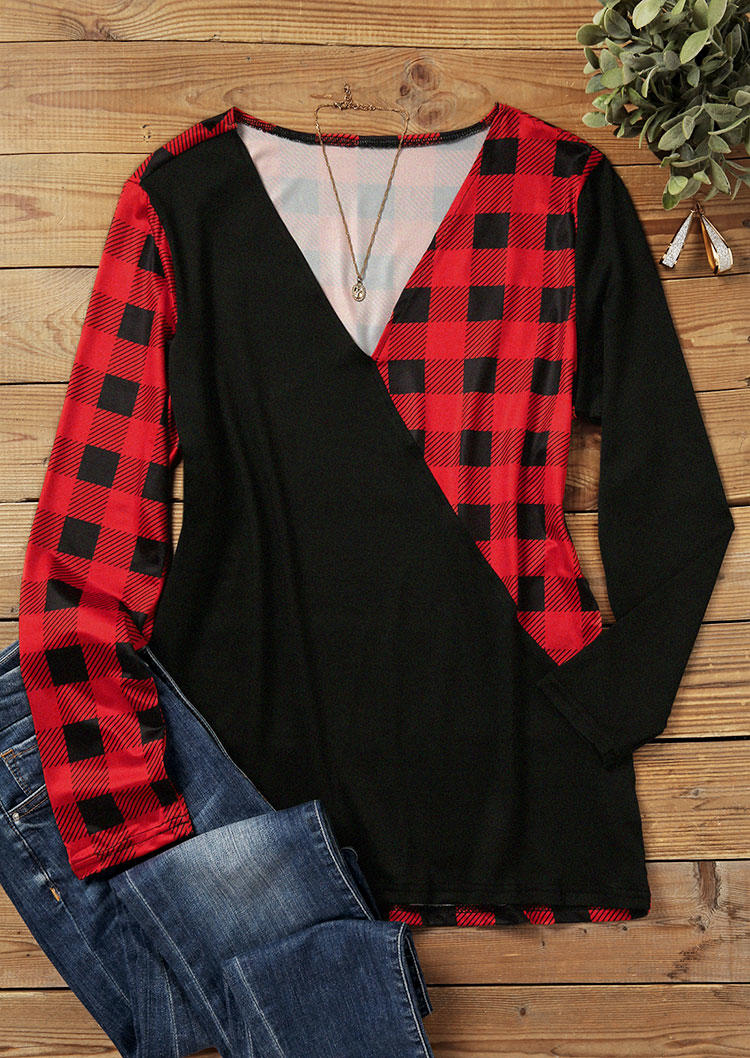 

Blouses Plaid Color Block Long Sleeve Blouse in Multicolor. Size