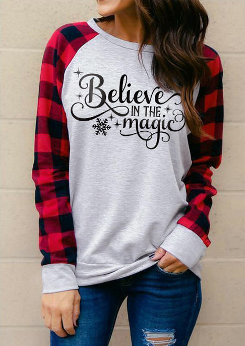 Christmas Believe In The Magic Snowflake Plaid T-Shirt Tee - Light Grey