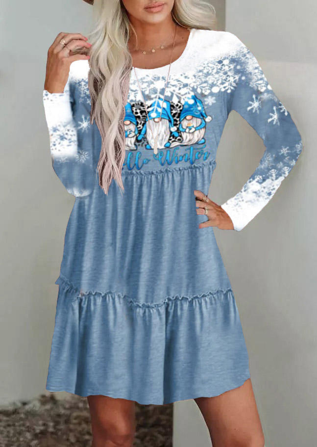 Christmas Hello Winter Snowflake Ruffled Mini Dress - Blue