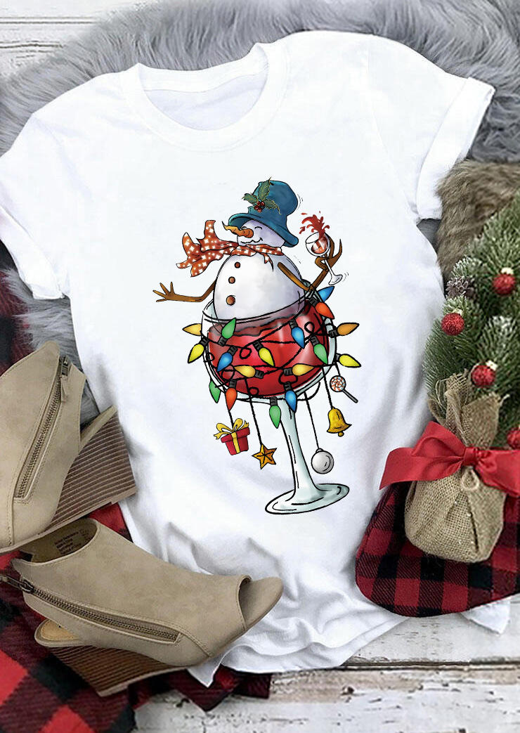 

T-shirts Tees Christmas Snowman Lantern O-Neck T-Shirt Tee in White. Size: L