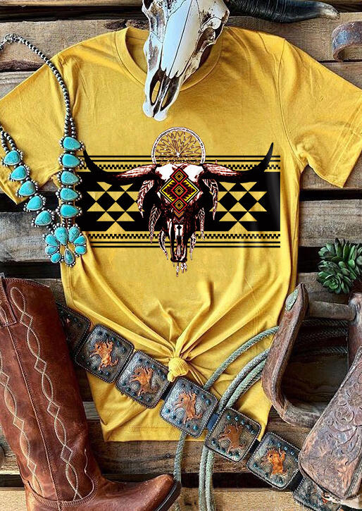 T-shirts Tees Aztec Geometric Steer Skull T-Shirt Tee in Yellow. Size: L,M