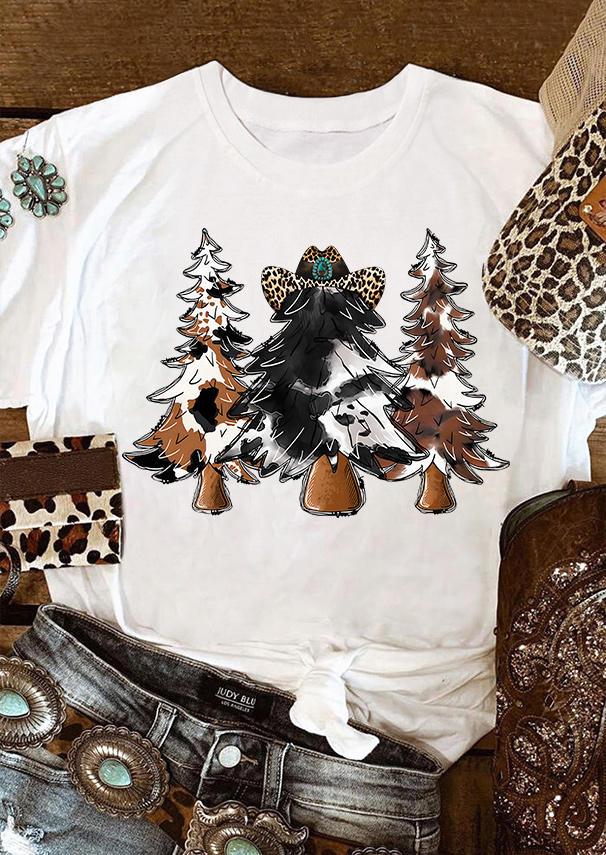 

T-shirts Tees Christmas Tree Cow Leopard O-Neck T-Shirt Tee in White. Size: L,M,,XL