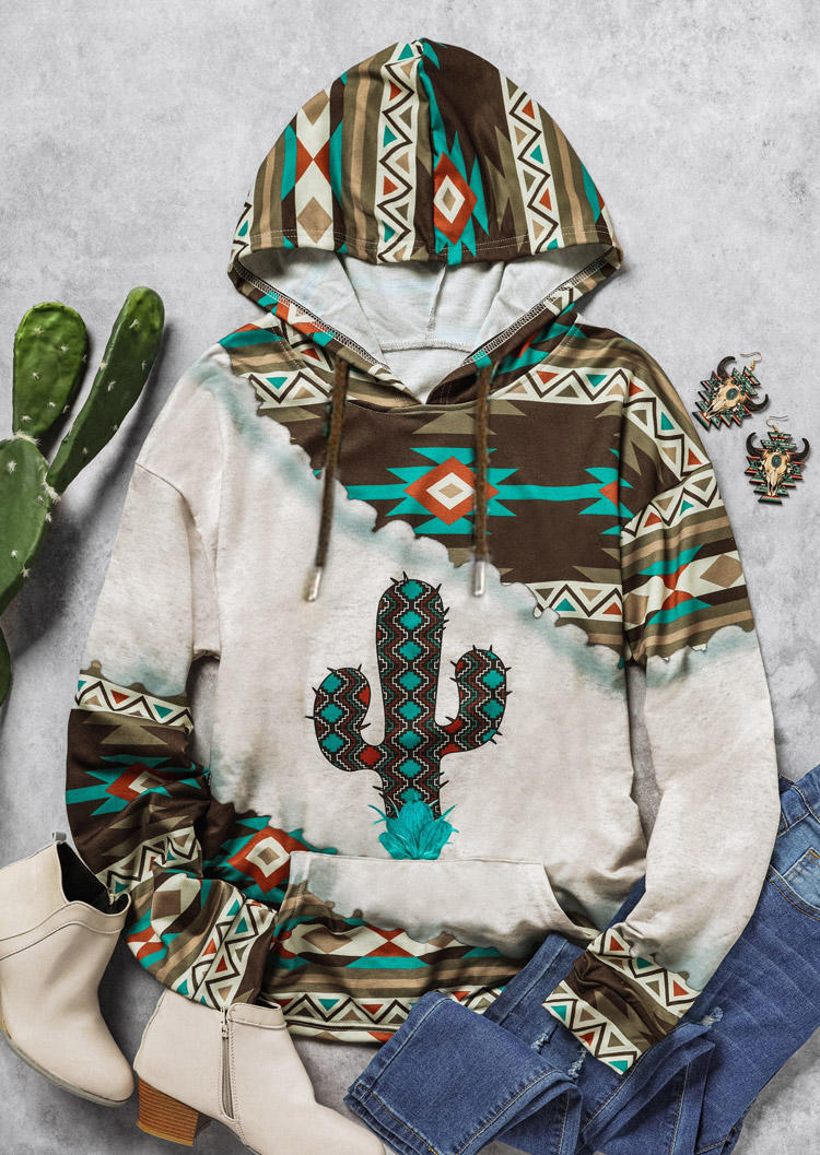 

Hoodies Aztec Geometric Cactus Kangaroo Pocket Hoodie in Multicolor. Size