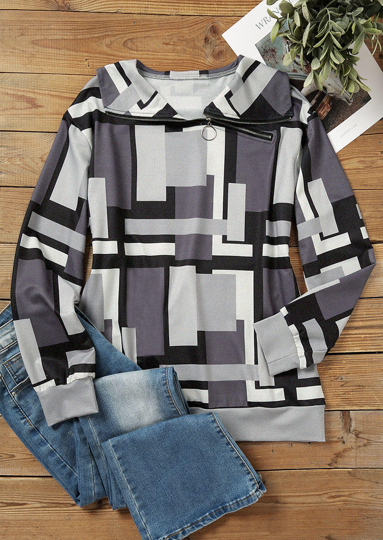 

Sweatshirts Irregular Plaid Zipper Long Sleeve Sweatshirt in Gray. Size: L,M,,XL