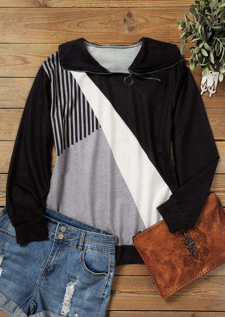 Sweatshirts Color Block Striped Zipper Sweatshirt in Black. Size: L,M