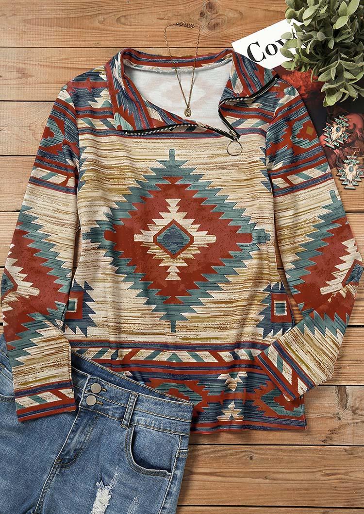 

Sweatshirts Aztec Geometric Zipper Long Sleeve Sweatshirt in Multicolor. Size: L,M,,XL