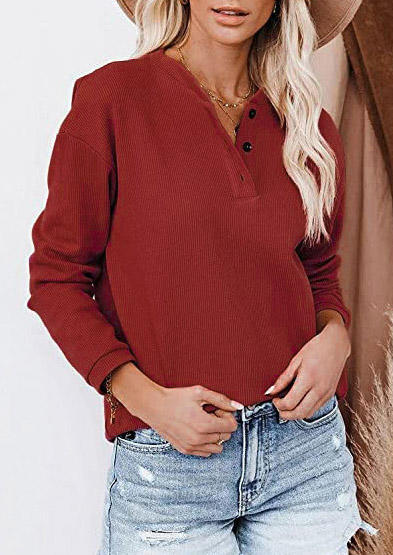 

Blouses Button Casual Long Sleeve Blouse in Red. Size