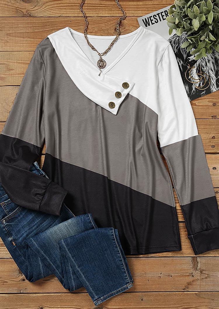 Blouses Color Block Side Button Long Sleeve Blouse in Multicolor. Size: S