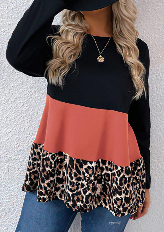 

Blouses Color Block Leopard O-Neck Blouse in Multicolor. Size