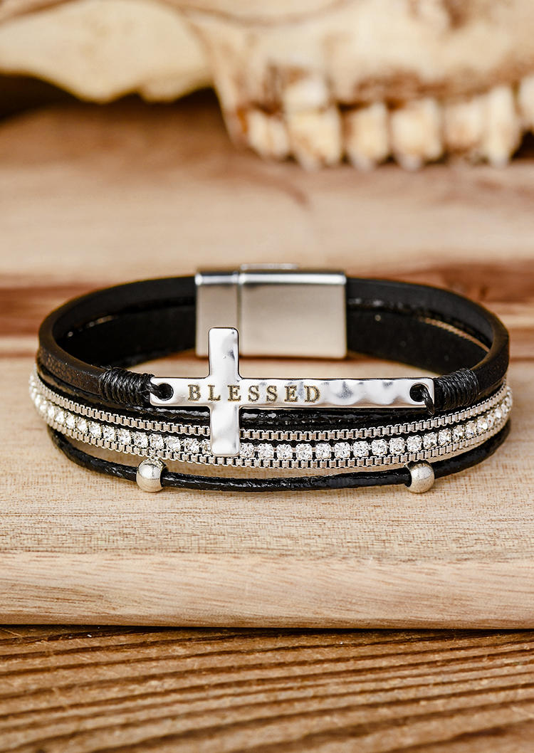

Bracelet Blessed Cross Rhinestone Magnetic Buckle Bracelet in Black. Size