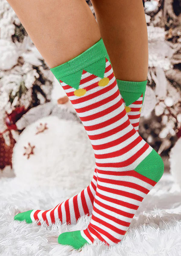 Crew Socks Christmas Elves Striped Crew Socks in White. Size: One Size