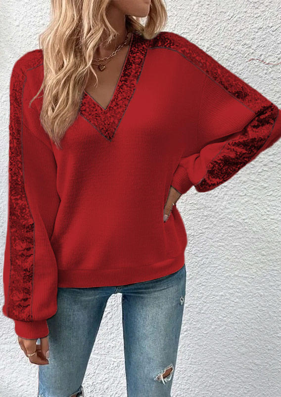 Sequined Long Sleeve V-Neck Blouse - Red