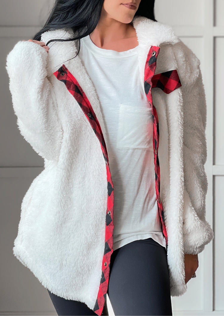 

Coats Plaid Button Pocket Plush Thickened Warm Coat in White. Size: L,M,,XL